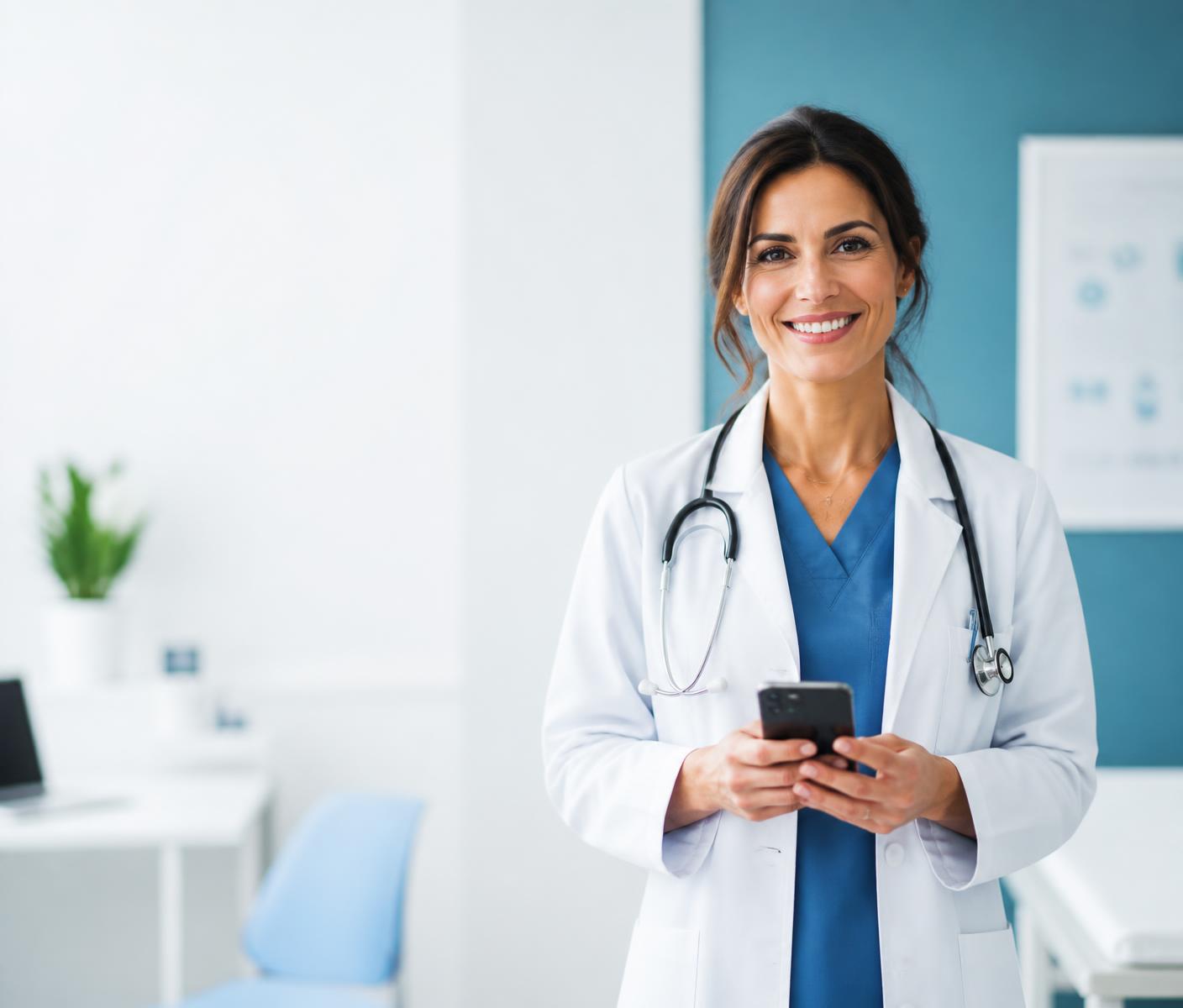 Médica en su consulta de Mallorca revisando la estrategia digital de su clínica